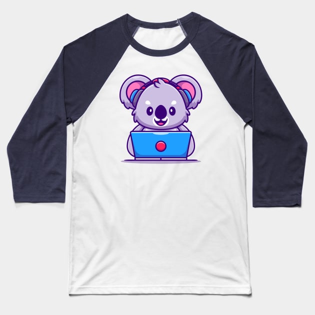 Cute Koala Working on Laptop With Headphone Baseball T-Shirt by Catalyst Labs